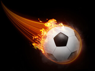 Naklejka premium The soccer ball flies with lightning fast magical effects in a futuristic orange flame displaying a black background.
