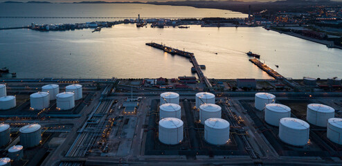 Aerial view oil tertminal storage tank, White oil tank storage chemical petroleum petrochemical...