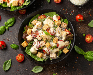 Vegetarian ceasar salad with meat free chicken pieces cherry tomatoes croutons and lettuce