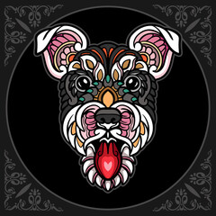 Colorful Dog head zentangle arts isolated on black background