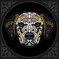 Colorful Dog head zentangle arts isolated on black background
