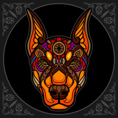 Colorful Dog head zentangle arts isolated on black background