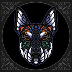 Colorful Dog head zentangle arts isolated on black background