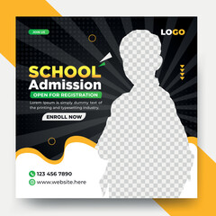 Trendy modern School admission black yellow color social media banner post design vector template