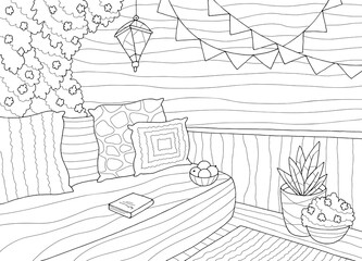 Balcony coloring graphic black white interior sketch illustration vector 