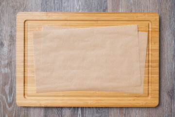 Empty cutting board close up, top view, background