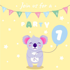 Cute baby boy koala. Birthday invitation. 1 years