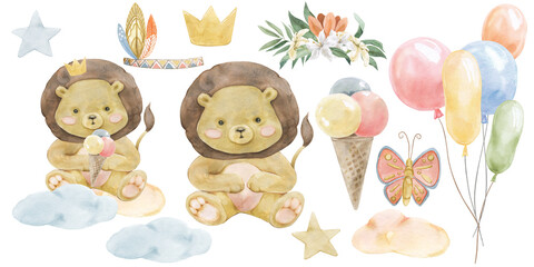 Watercolor Pastel African Baby Lion Animal Summer Birthday Party. Nursery decor