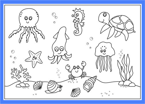 cute cartoon sea animals, octopus, squid, turtle, jellyfish, seahorse. black and white vector illustration for coloring art. Simple drawing for children