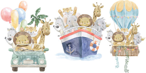 Watercolor Pastel African Baby Animals Summer Birthday Party. Nursery decor. Cute Rhino, Lion, Giraffe, Zebra, Tiger