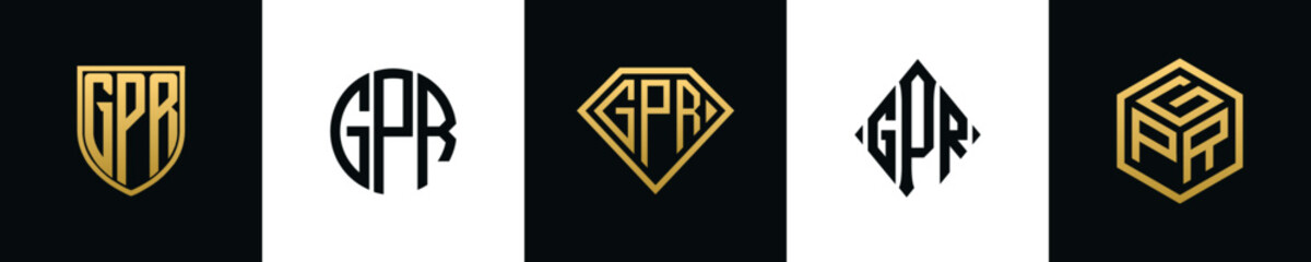 Initial letters GPR logo designs Bundle. This collection incorporated with shield, round, diamond, rectangle and hexagon style logo. Vector template