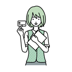 立って書類とカードを手に持つ事務員制服の女性