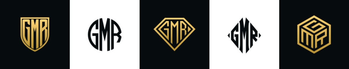 Initial letters GMR logo designs Bundle. This collection incorporated with shield, round, diamond, rectangle and hexagon style logo. Vector template