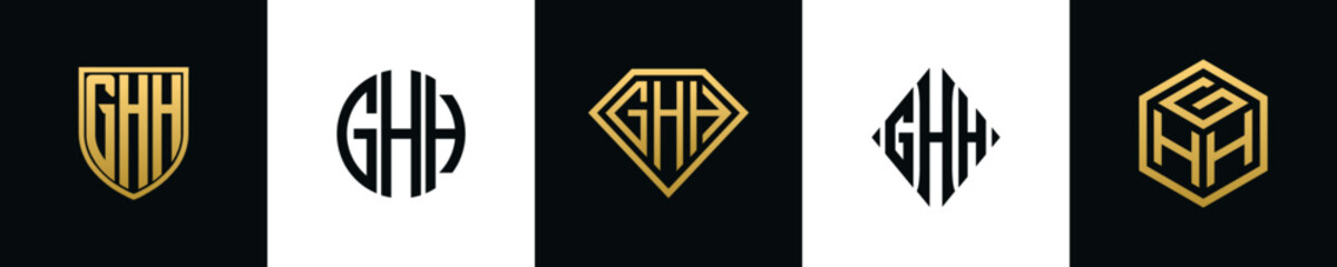 Initial letters GHH logo designs Bundle. This collection incorporated with shield, round, diamond, rectangle and hexagon style logo. Vector template