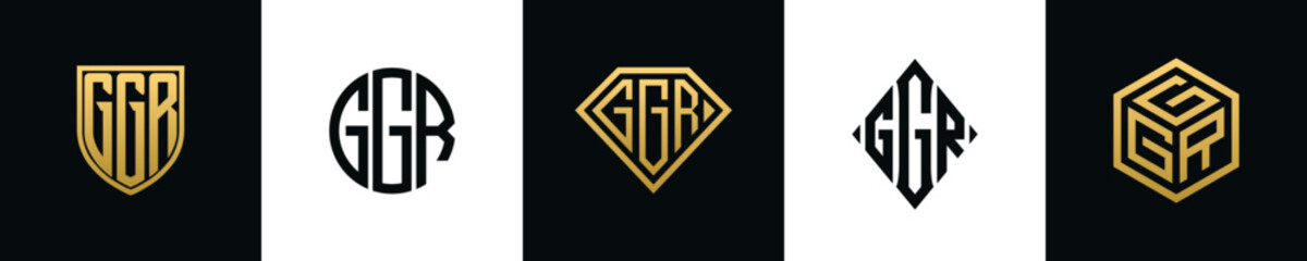Initial letters GGR logo designs Bundle. This collection incorporated with shield, round, diamond, rectangle and hexagon style logo. Vector template - obrazy, fototapety, plakaty