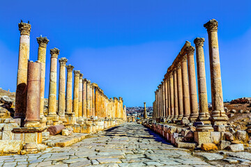 Corinthian Columns Ancient Roman Road City Jerash Jordan