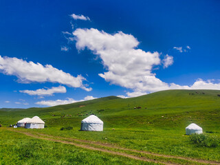 Yurts of mountain farmers in the Kazakhstan mountains, Almaty region.