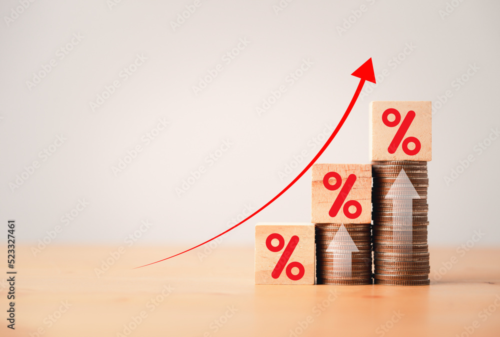 Poster increasing coin stacking with up arrow and percentage sign for increase financial interest rate and 