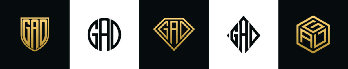 Initial letters GAD logo designs Bundle. This collection incorporated with shield, round, diamond, rectangle and hexagon style logo. Vector template - obrazy, fototapety, plakaty