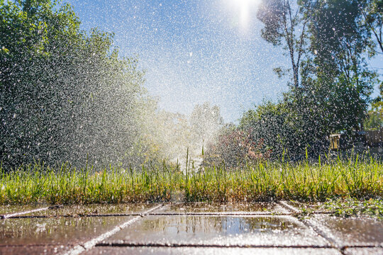 Low angled view of a garden sprinkler send a spray of water over green grass