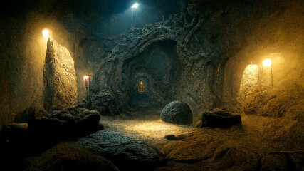 Dark medieval castle dungeon tunnel ,Dark underground corridor in a dungeon with light