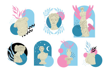 Antique marble statue. Greek or roman sculptures, gods and goddesses. Hand drawn body parts and faces with texture, Classic statues abstract contemporary poster or print vector cartoon flat set