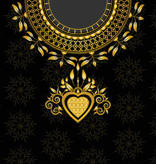 Golden woman Jellabiya dress ornament frame design vector around chest and neck on black color