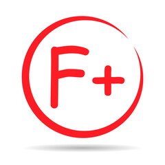 Grade result F plus with shadow. Hand drawn icon in red color. Test exam mark report vector illustration