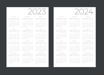 Calendar grid for 2023 and 2024 years. Simple vertical template. Week starts from Sunday. - 523330652