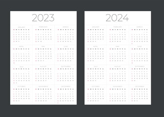 Calendar grid for 2023 and 2024 years. Simple vertical template. Week starts from Sunday. - 523330695