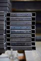 Industrial steel and metal works welded frame, welding iron and steel for construction and building. Solid cold hard metal frames and framework for structures and foundations for skyscrapers.