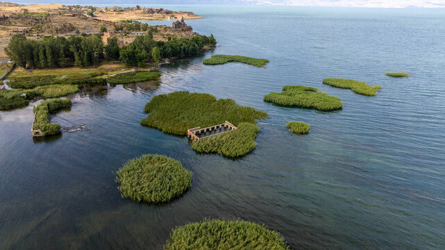 panoramic views of ancient temples and buildings in picturesque places near Lake Sevan in Armenia taken from a drone