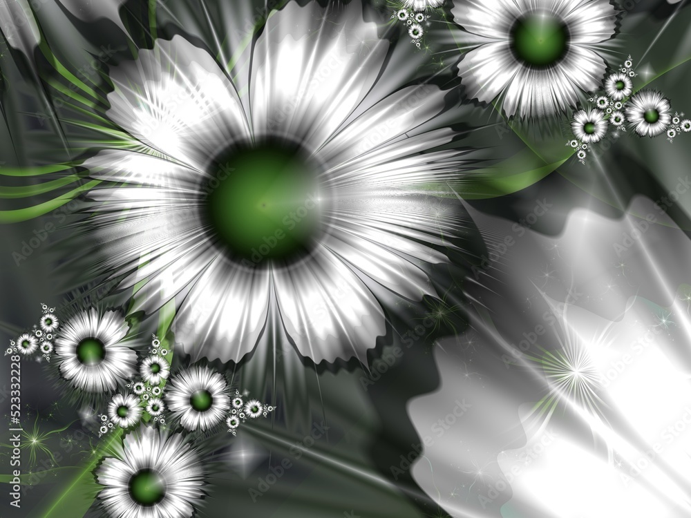 Poster fractal image with white flowers. template with a place to insert text. gentle background fractal il