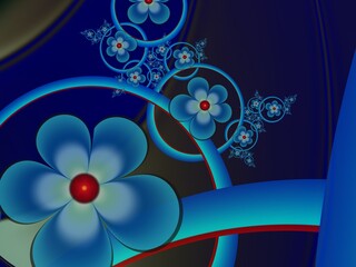 Fractal image with blue flowers. Template with a place to insert text. Purple background fractal illustration with flower.. Computer background, printing labels, labels, etc.