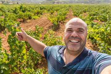 Fototapeta premium Smiling man takes a selfie in a vineyard field.