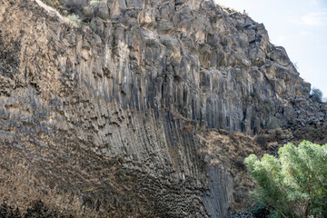 flint stones of regular geometric shape resembling fragments of a petrified giant tree in a valley in Armenia