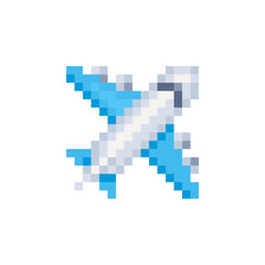 Airplane blue color pixel art 80s style icon isolated vector illustration. Game assets 8-bit sprite. Design for stickers, logo, mobile app.