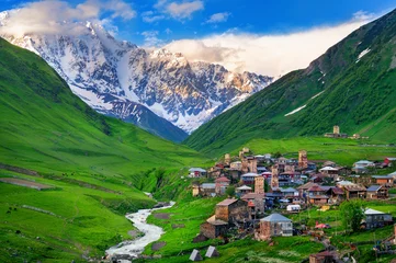 Fotobehang Ushguli village at the foot of Mt. Shkhara,Upper Svaneti, Georgia. © tawatchai1990