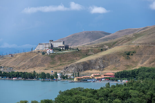 landscape with views of ancient stone buildings and temples on a summer day near Lake Sevan in Armenia