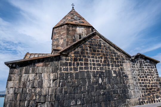 landscape with views of ancient stone buildings and temples on a summer day near Lake Sevan in Armenia