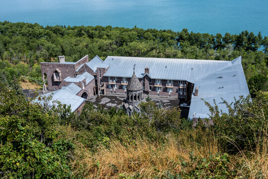 landscape with views of ancient stone buildings and temples on a summer day near Lake Sevan in Armenia