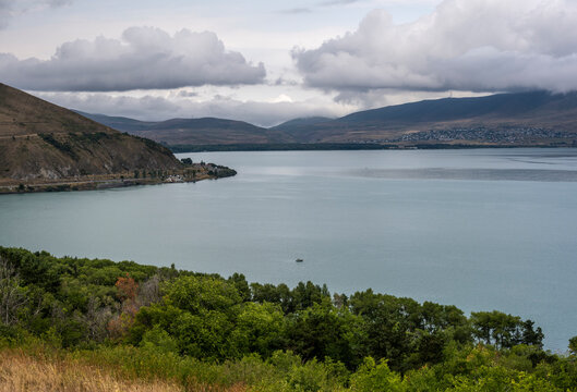 landscape with views of ancient stone buildings and temples on a summer day near Lake Sevan in Armenia