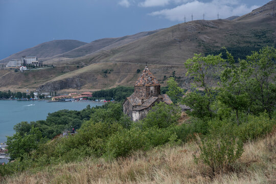 landscape with views of ancient stone buildings and temples on a summer day near Lake Sevan in Armenia