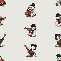 Seamless background of drawn cheerful cartoon musician snowmen playing in christmas