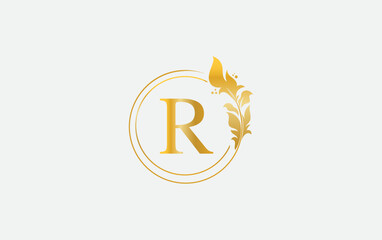 Golden leaf and circle logo design vector. Golden beauty and business symbol and alphabets vector design R