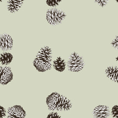 Seamless background of drawn fir cones