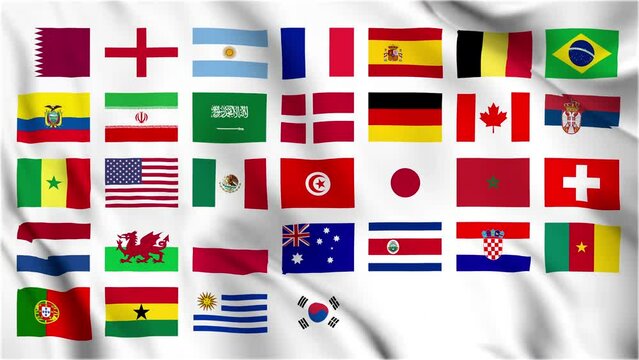 The national flags of the 32 teams selected for the Football World Cup Qatar 2022 are displayed flying over a white background. Graphics resources. 4k Video.