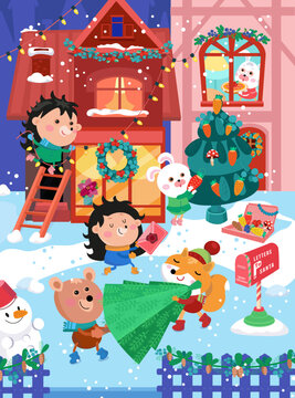 Cute forest animals prepare for Christmas, decorate the house, Christmas tree, send a letter to Santa Claus, prepare a pie. Winter scene in cartoon style. Vector illustration for books, puzzles.