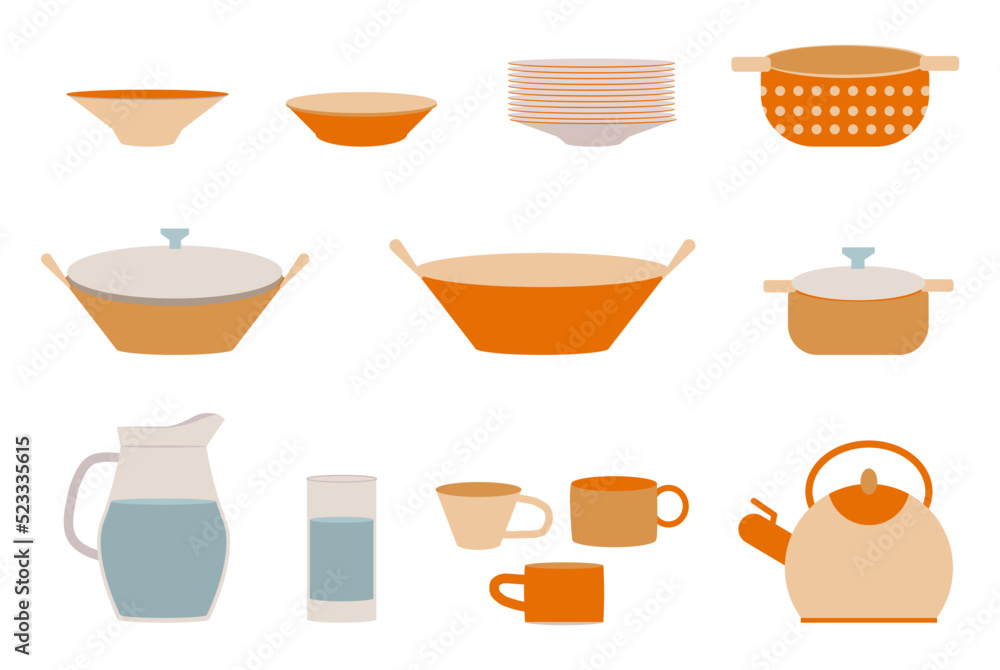 Wall mural set of kitchenware, kitchen tools, cooking and utensils. various dishes and crockery on the shelf. v