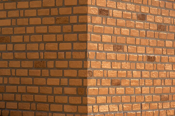 Sunlight and shadow on brick wall surface of vintage house made from prefabricated wall panel in symmetry and perspective side view